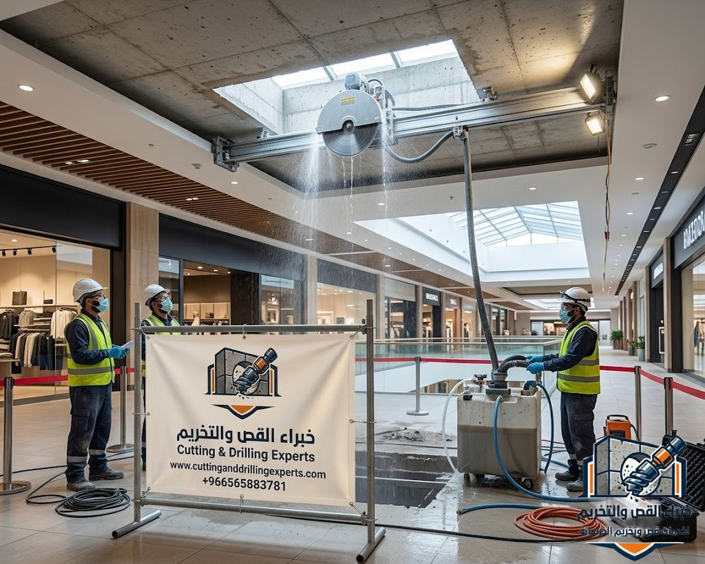 قص أسقف خرسانية بالطائف باستخدام المناشير والسلك الماسي لتنفيذ فتحات السلالم والمصاعد والتمديدات بدقة هندسية وبدون تكسير